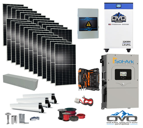 12KW Complete Offgrid Solar Kit - 32kWh OMO 48V Freedom Series Lithium Battery + 15K Sol-Ark Inverter +13.2KW Solar with Mounting Rails and Wiring