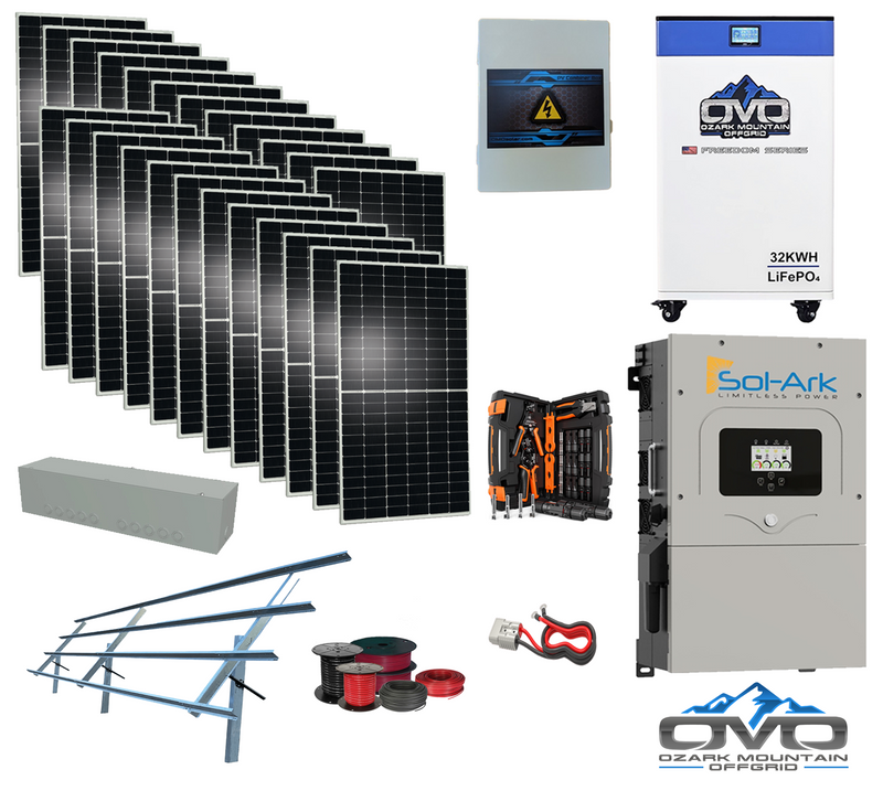 Load image into Gallery viewer, 12KW Complete Offgrid Solar Kit - 32kWh OMO 48V Freedom Series Lithium Battery + 18K Sol-Ark Inverter +13.2KW Solar with Sinclair Ground Mount Rails and Wiring

