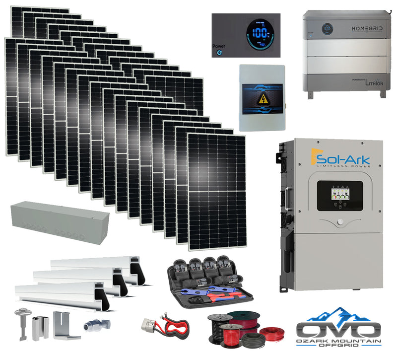 Load image into Gallery viewer, 15KW Complete Offgrid Solar Kit - Homegrid 9.6kWh Lithium Battery + 15K Sol-Ark Inverter +15.4KW Solar with Mounting Rails and Wiring
