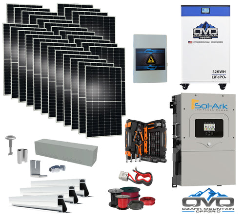 15KW Complete Offgrid Solar Kit - 32kWh OMO 48V Freedom Series Lithium Battery + 15K Sol-Ark Inverter +15.4KW Solar with Mounting Rails and Wiring