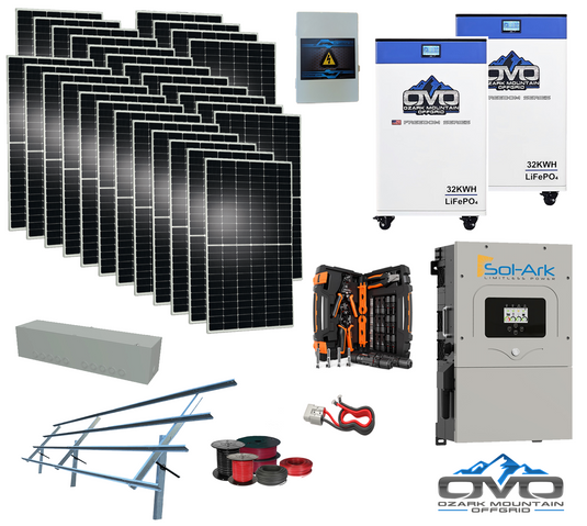 15KW Complete Offgrid Solar Kit - 2x 32kWh OMO 48V Freedom Series Lithium Battery + 18K Sol-Ark Inverter +15.4KW Solar with Sinclair Ground Mount and Wiring
