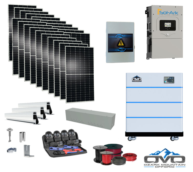 Load image into Gallery viewer, 10KW Complete Offgrid Solar Kit - 15K Sol-Ark Inverter + 15.36KW OMO Stack Lithium Battery +11KW Solar with Mounting Rails and Wiring
