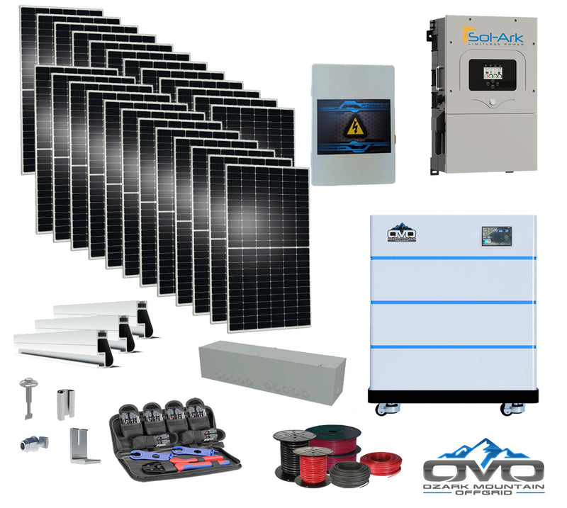 Load image into Gallery viewer, 12KW Complete Offgrid Solar Kit - 15K Sol-Ark Inverter + 15.36KW OMO Stack Lithium Battery +13.2KW Solar with Mounting Rails and Wiring
