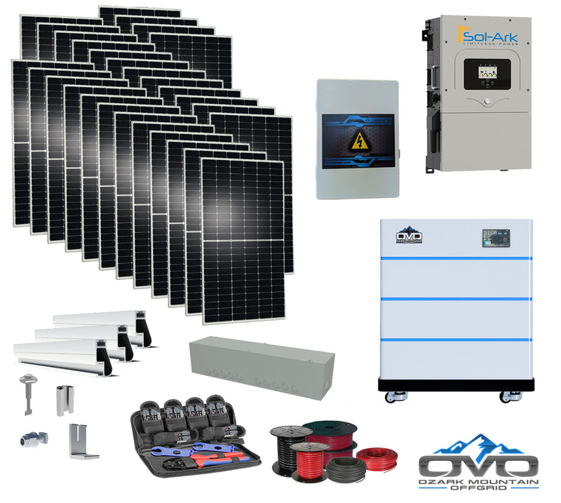 Load image into Gallery viewer, 15KW Complete Offgrid Solar Kit - 15K Sol-Ark Inverter + 15.36KW OMO Stack Lithium Battery +15.4KW Solar with Mounting Rails and Wiring
