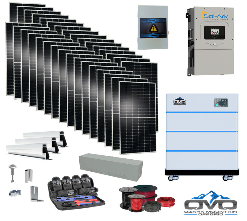 Load image into Gallery viewer, 17KW Complete Offgrid Solar Kit - 15K Sol-Ark Inverter + 15.36KW OMO Stack Lithium Battery +17.6KW Solar with Mounting Rails and Wiring
