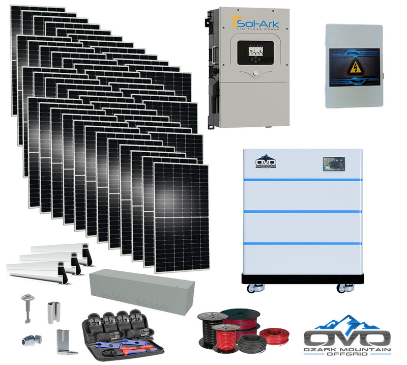 Load image into Gallery viewer, 25KW Complete Offgrid Solar Kit - 15K Sol-Ark Inverter + 15.36KW OMO Stack Lithium Battery +26.4KW Solar with Mounting Rails and Wiring
