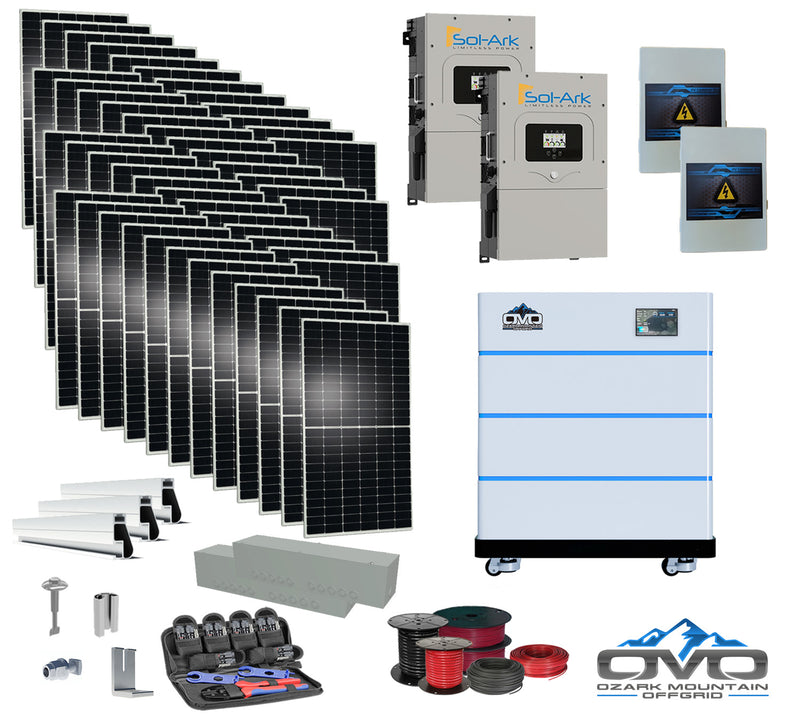 Load image into Gallery viewer, 25KW Complete Offgrid Solar Kit - 15K Sol-Ark Inverter + 15.36KW OMO Stack Lithium Battery +26.4KW Solar with Mounting Rails and Wiring
