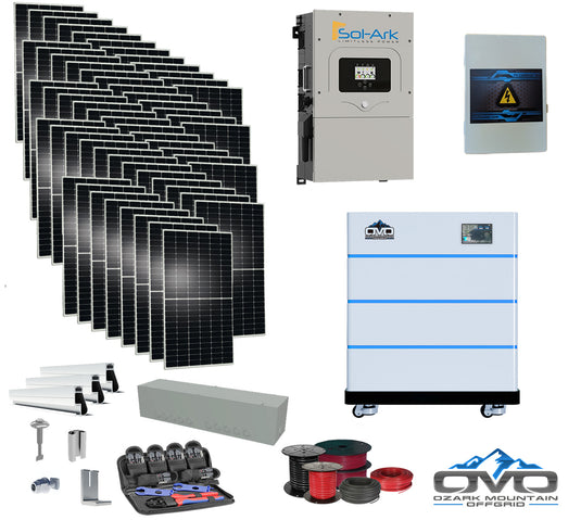 30KW Complete Offgrid Solar Kit - 15K Sol-Ark Inverter + 15.36KW OMO Stack Lithium Battery +30.8KW Solar with Mounting Rails and Wiring