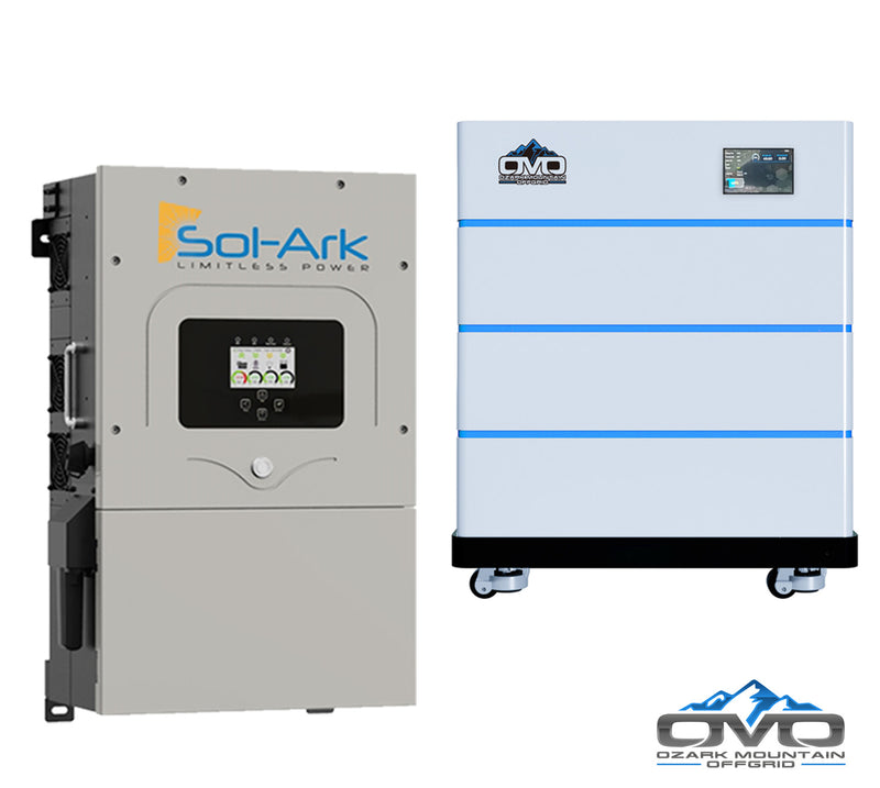 Load image into Gallery viewer, 12KW Complete Offgrid Solar Kit - 15K Sol-Ark Inverter + 15.36KW OMO Stack Lithium Battery +13.2KW Solar with Ground Mount and Wiring
