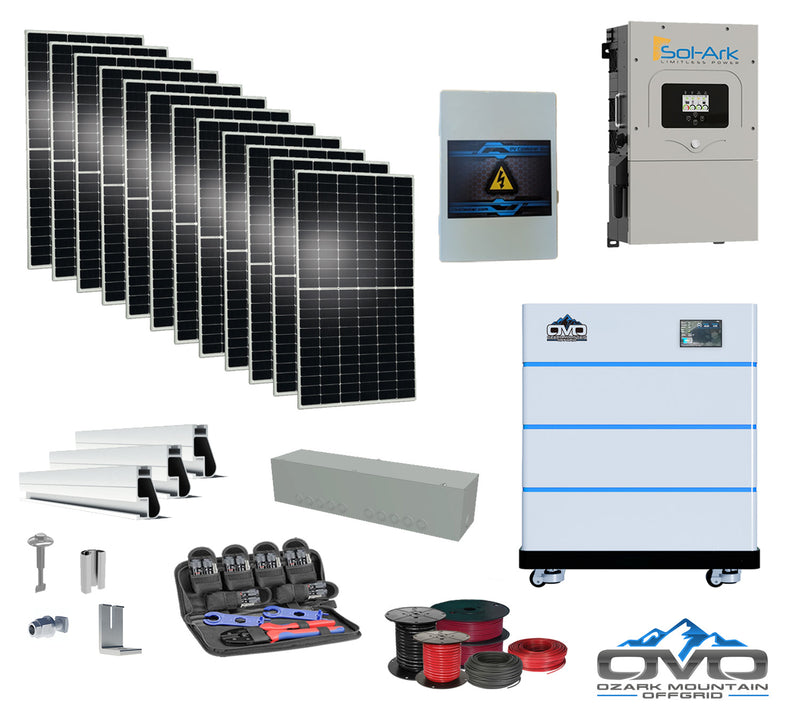 Load image into Gallery viewer, 6KW Complete Offgrid Solar Kit - 15K Sol-Ark Inverter + 15.36KW OMO Stack Lithium Battery +6.6KW Solar with Mounting Rails and Wiring
