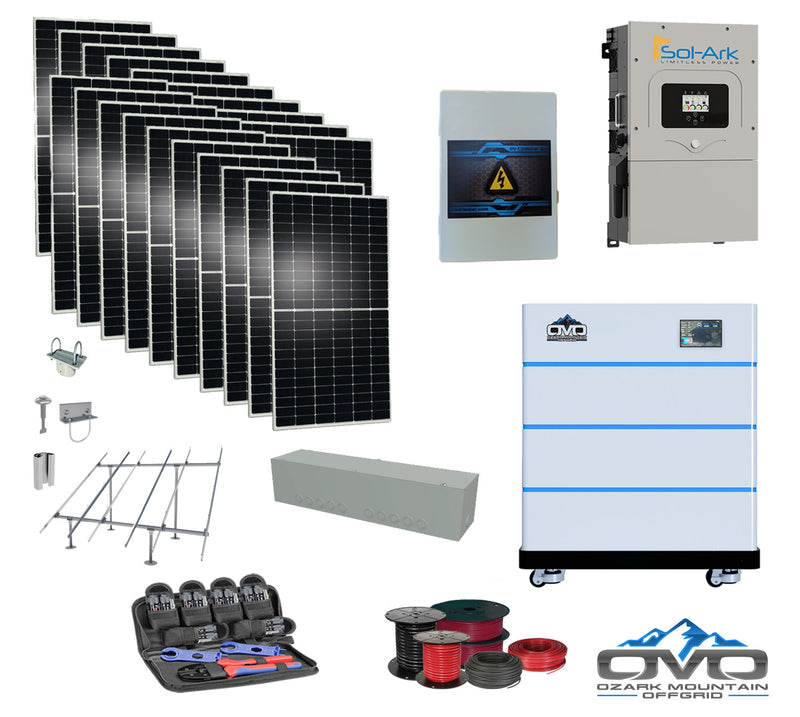 Load image into Gallery viewer, 10KW Complete Offgrid Solar Kit - 15K Sol-Ark Inverter + 15.36KW OMO Stack Lithium Battery +11KW Solar with Ground Mount and Wiring
