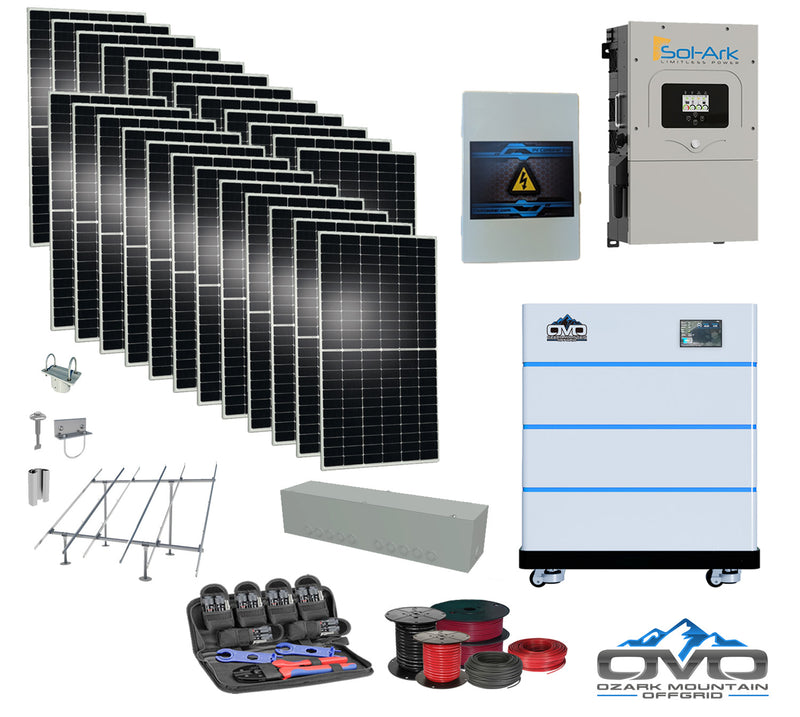 Load image into Gallery viewer, 12KW Complete Offgrid Solar Kit - 15K Sol-Ark Inverter + 15.36KW OMO Stack Lithium Battery +13.2KW Solar with Ground Mount and Wiring
