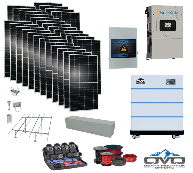 Load image into Gallery viewer, 15KW Complete Offgrid Solar Kit - 15K Sol-Ark Inverter + 15.36KW OMO Stack Lithium Battery +15.4KW Solar with Ground Mount and Wiring
