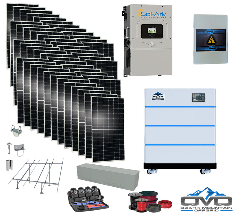 Load image into Gallery viewer, 25KW Complete Offgrid Solar Kit - 15K Sol-Ark Inverter + 15.36KW OMO Stack Lithium Battery +26.4KW Solar with Ground Mount and Wiring
