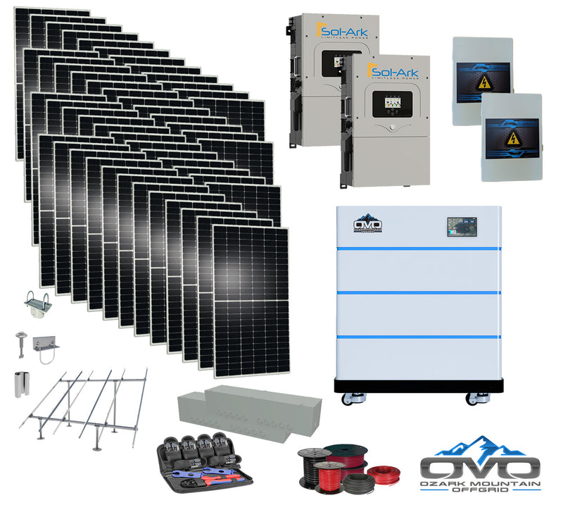 Load image into Gallery viewer, 25KW Complete Offgrid Solar Kit - 15K Sol-Ark Inverter + 15.36KW OMO Stack Lithium Battery +26.4KW Solar with Ground Mount and Wiring
