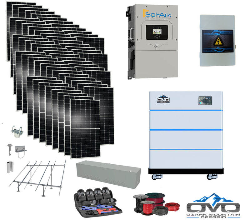 Load image into Gallery viewer, 30KW Complete Offgrid Solar Kit - 15K Sol-Ark Inverter + 15.36KW OMO Stack Lithium Battery +30.8KW Solar with Ground Mount and Wiring
