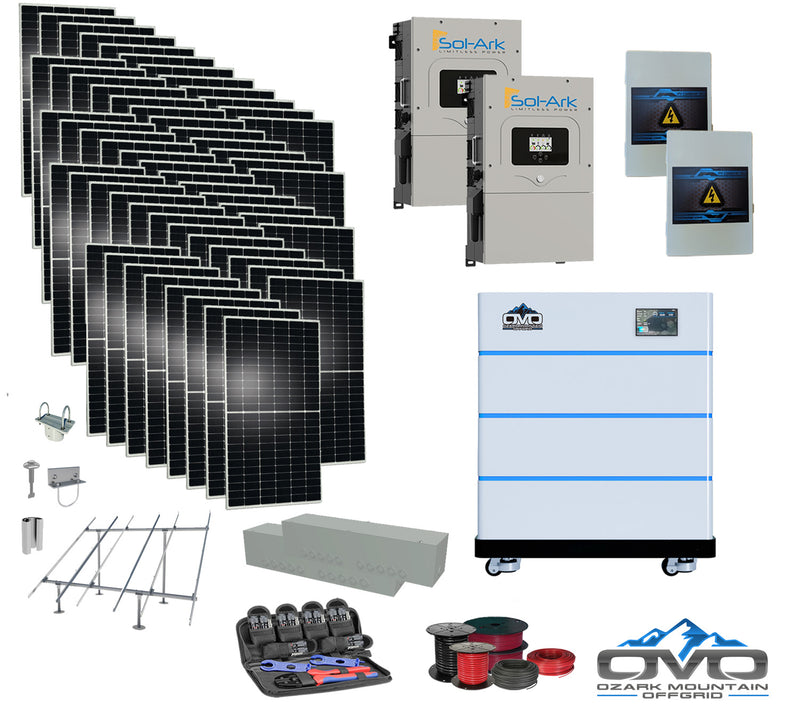 Load image into Gallery viewer, 30KW Complete Offgrid Solar Kit - 15K Sol-Ark Inverter + 15.36KW OMO Stack Lithium Battery +30.8KW Solar with Ground Mount and Wiring
