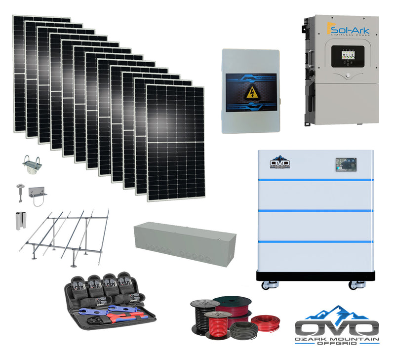 Load image into Gallery viewer, 6KW Complete Offgrid Solar Kit - 15K Sol-Ark Inverter + 15.36KW OMO Stack Lithium Battery +6.6KW Solar with Ground Mount and Wiring
