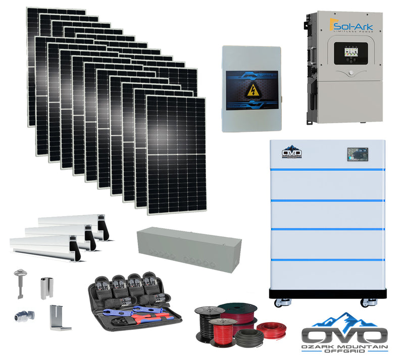 Load image into Gallery viewer, 10KW Complete Offgrid Solar Kit - 15K Sol-Ark Inverter + 20.48KW OMO Stack Lithium Battery +11KW Solar with Mounting Rails and Wiring
