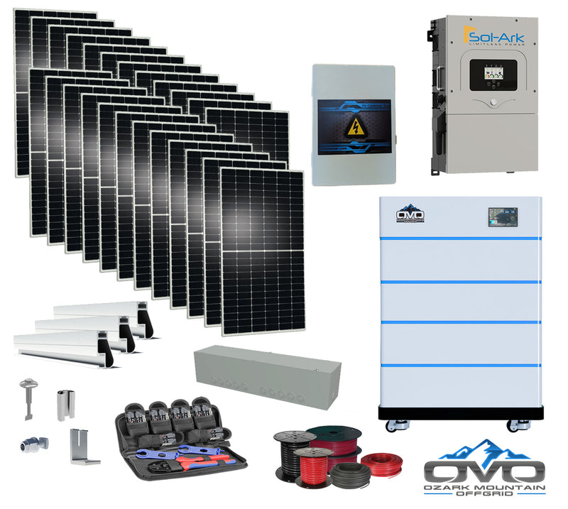 Load image into Gallery viewer, 12KW Complete Offgrid Solar Kit - 15K Sol-Ark Inverter + 20.48KW OMO Stack Lithium Battery +13.2KW Solar with Mounting Rails and Wiring
