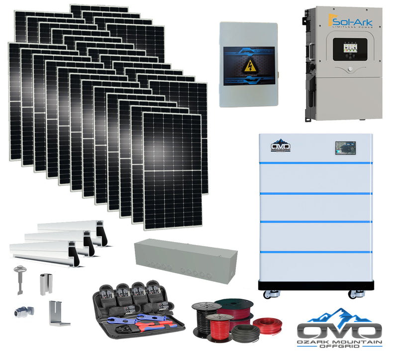 Load image into Gallery viewer, 15KW Complete Offgrid Solar Kit - 15K Sol-Ark Inverter + 20.48KW OMO Stack Lithium Battery +15.4KW Solar with Mounting Rails and Wiring
