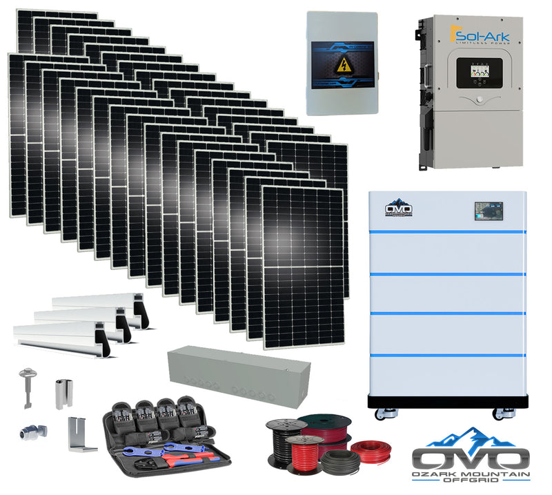 Load image into Gallery viewer, 17KW Complete Offgrid Solar Kit - 15K Sol-Ark Inverter + 20.48KW OMO Stack Lithium Battery +17.6KW Solar with Mounting Rails and Wiring
