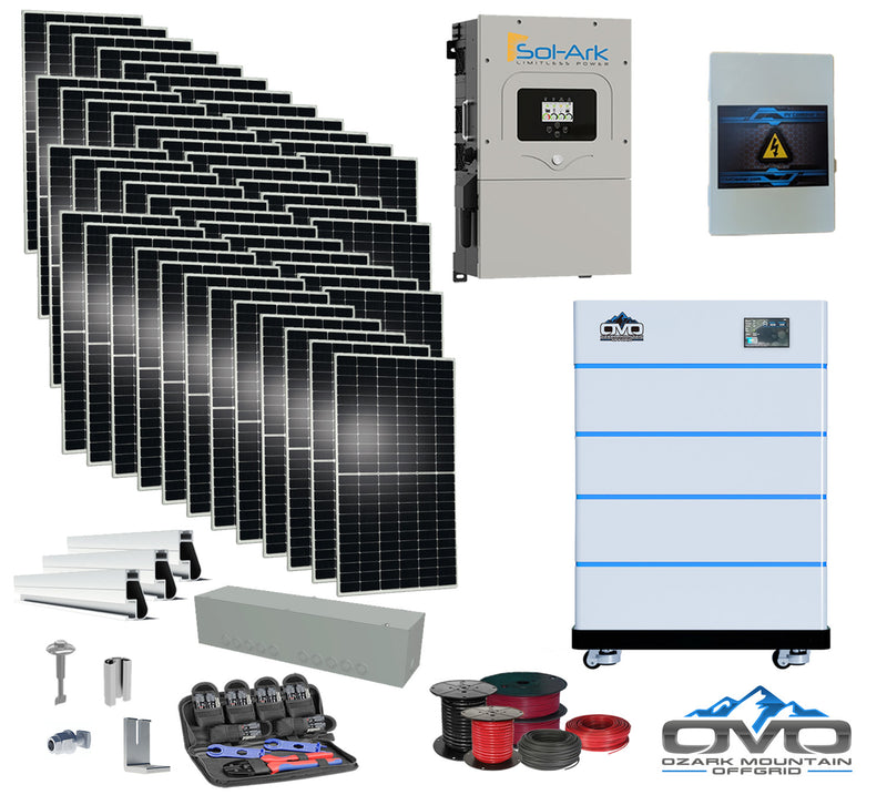 Load image into Gallery viewer, 25KW Complete Offgrid Solar Kit - 15K Sol-Ark Inverter + 20.48KW OMO Stack Lithium Battery +26.4KW Solar with Mounting Rails and Wiring
