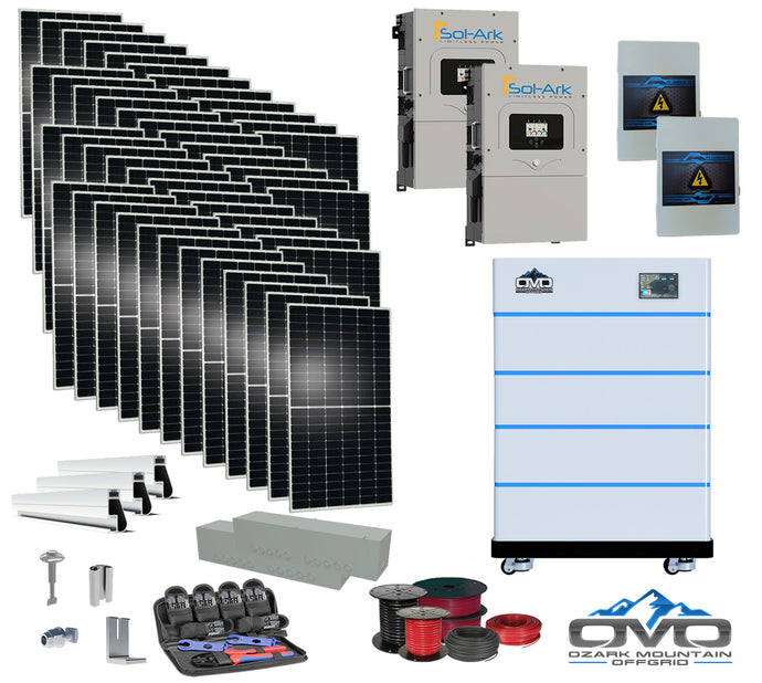 25KW Complete Offgrid Solar Kit - 15K Sol-Ark Inverter + 20.48KW OMO Stack Lithium Battery +26.4KW Solar with Mounting Rails and Wiring