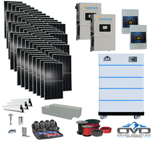 30KW Complete Offgrid Solar Kit - 15K Sol-Ark Inverter + 20.48KW OMO Stack Lithium Battery +30.8KW Solar with Mounting Rails and Wiring