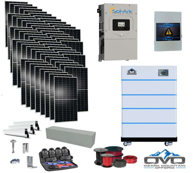 Load image into Gallery viewer, 30KW Complete Offgrid Solar Kit - 15K Sol-Ark Inverter + 20.48KW OMO Stack Lithium Battery +30.8KW Solar with Mounting Rails and Wiring
