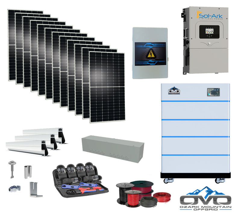 Load image into Gallery viewer, 6KW Complete Offgrid Solar Kit - 15K Sol-Ark Inverter + 20.48KW OMO Stack Lithium Battery +6.6KW Solar with Mounting Rails and Wiring
