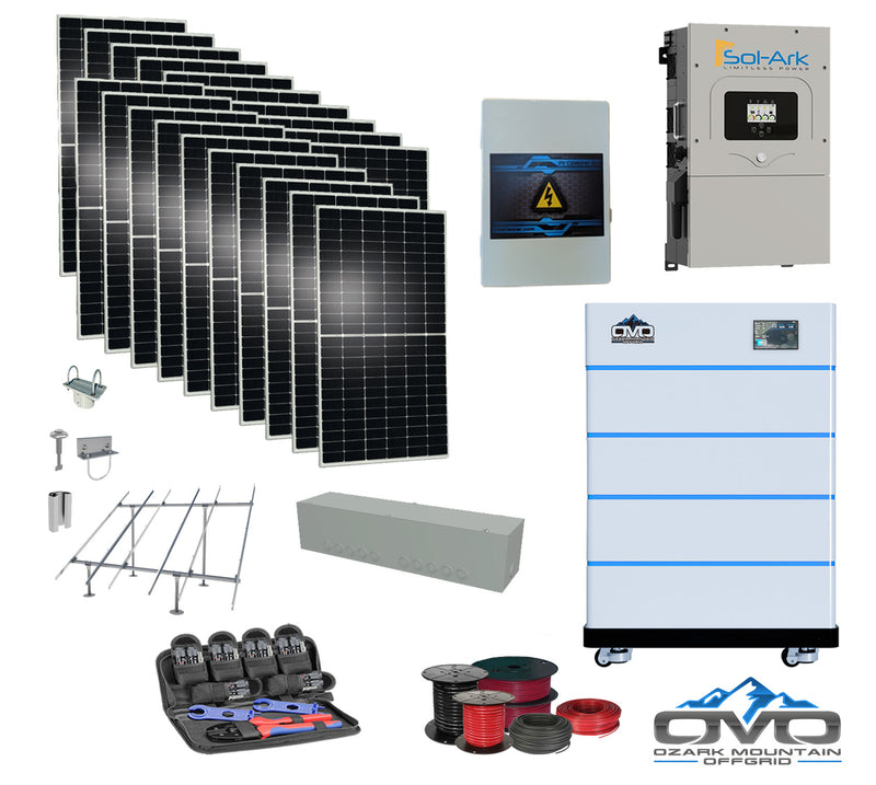 Load image into Gallery viewer, 10KW Complete Offgrid Solar Kit - 15K Sol-Ark Inverter + 20.48KW OMO Stack Lithium Battery +11KW Solar with Ground Mount and Wiring
