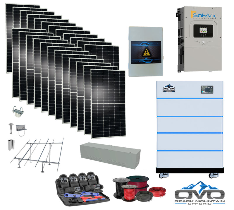 Load image into Gallery viewer, 12KW Complete Offgrid Solar Kit - 15K Sol-Ark Inverter + 20.48KW OMO Stack Lithium Battery +13.2KW Solar with Ground Mount and Wiring
