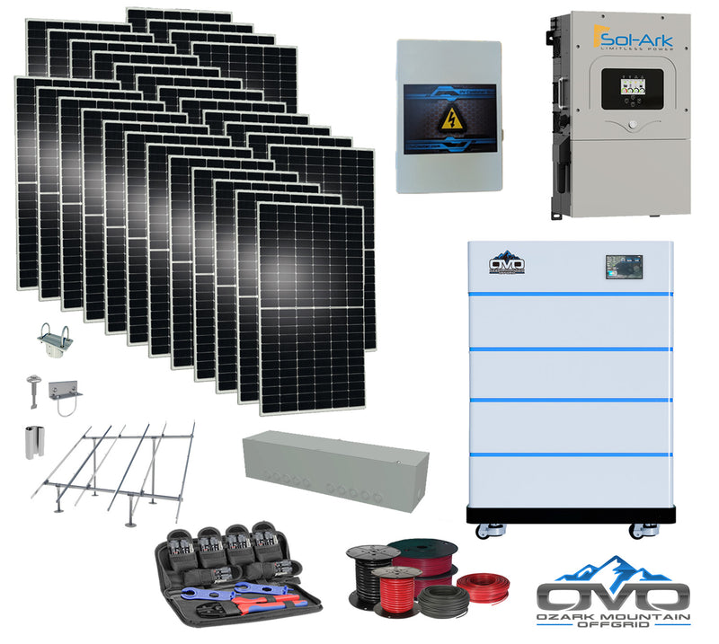 Load image into Gallery viewer, 15KW Complete Offgrid Solar Kit - 15K Sol-Ark Inverter + 20.48KW OMO Stack Lithium Battery +15.4KW Solar with Ground Mount and Wiring
