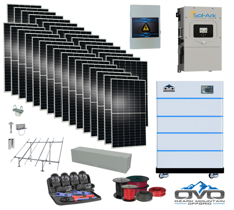 Load image into Gallery viewer, 17KW Complete Offgrid Solar Kit - 15K Sol-Ark Inverter + 20.48KW OMO Stack Lithium Battery +17.6KW Solar with Ground Mount and Wiring
