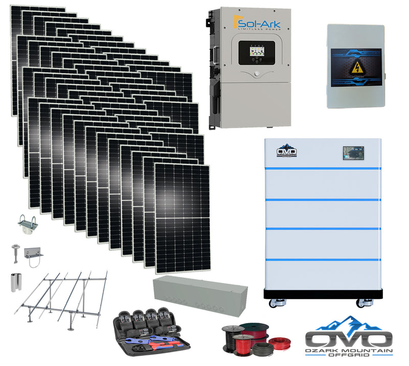 Load image into Gallery viewer, 25KW Complete Offgrid Solar Kit - 15K Sol-Ark Inverter + 20.48KW OMO Stack Lithium Battery +26.4KW Solar with Ground Mount  and Wiring
