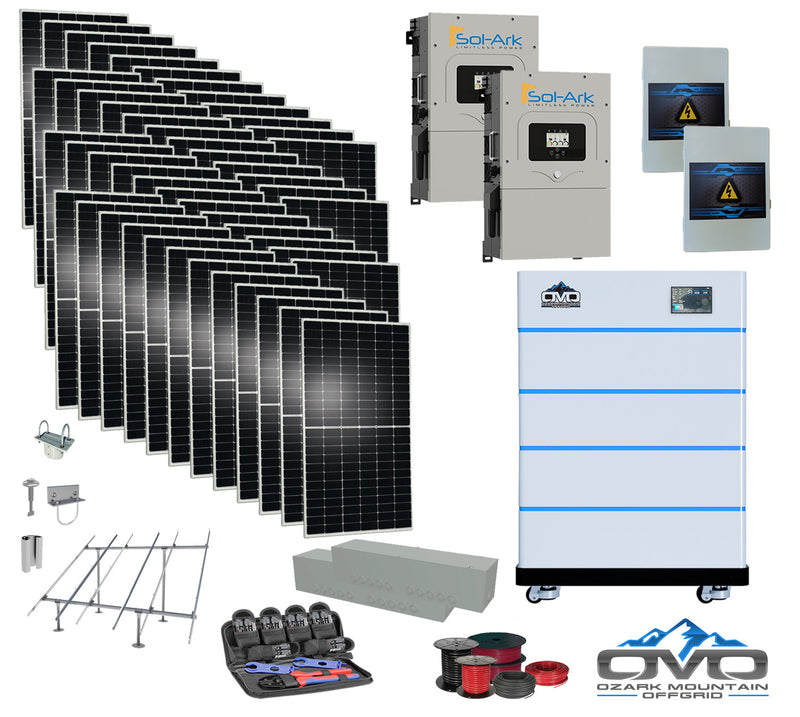 Load image into Gallery viewer, 25KW Complete Offgrid Solar Kit - 15K Sol-Ark Inverter + 20.48KW OMO Stack Lithium Battery +26.4KW Solar with Ground Mount  and Wiring
