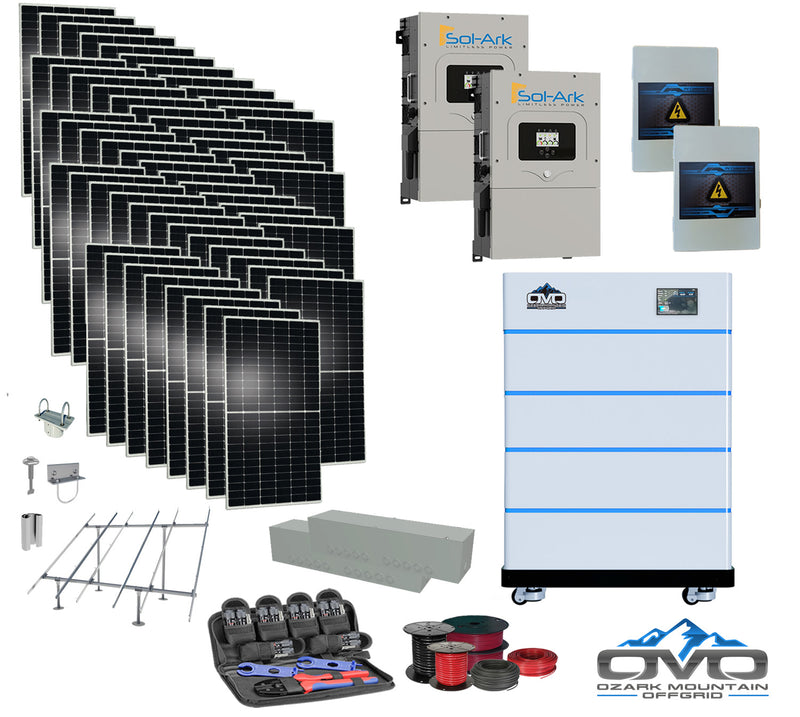 Load image into Gallery viewer, 30KW Complete Offgrid Solar Kit - 15K Sol-Ark Inverter + 20.48KW OMO Stack Lithium Battery +30.8KW Solar with Ground Mount and Wiring
