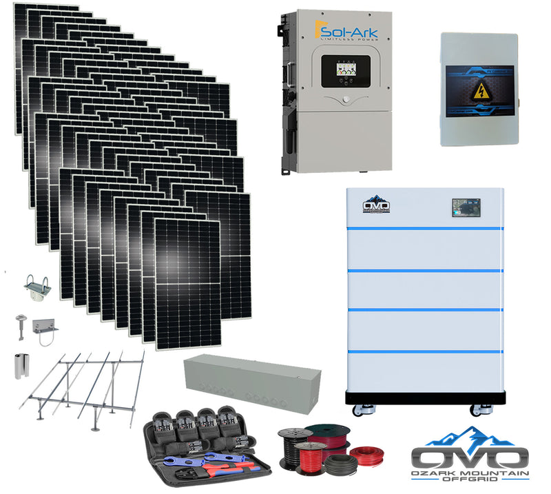 Load image into Gallery viewer, 30KW Complete Offgrid Solar Kit - 15K Sol-Ark Inverter + 20.48KW OMO Stack Lithium Battery +30.8KW Solar with Ground Mount and Wiring
