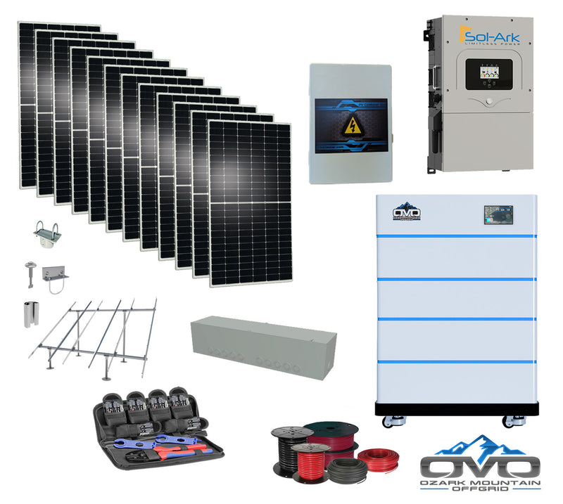 Load image into Gallery viewer, 6KW Complete Offgrid Solar Kit - 15K Sol-Ark Inverter + 20.48KW OMO Stack Lithium Battery +6.6KW Solar with Ground Mount and Wiring
