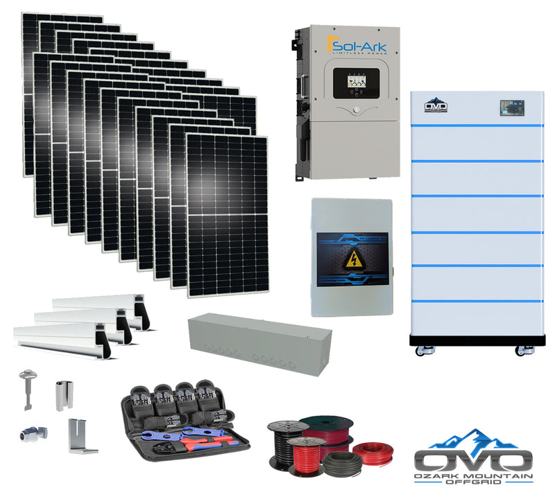 Load image into Gallery viewer, 10KW Complete Offgrid Solar Kit - 15K Sol-Ark Inverter + 30.72KW OMO Stack Lithium Battery +11KW Solar with Mounting Rails and Wiring
