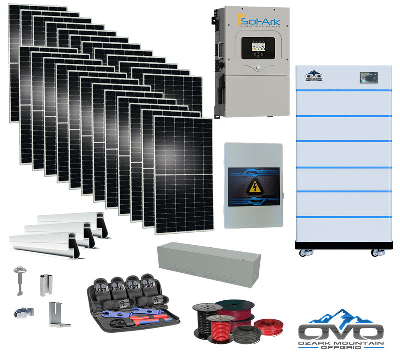 Load image into Gallery viewer, 12KW Complete Offgrid Solar Kit - 15K Sol-Ark Inverter + 30.72KW OMO Stack Lithium Battery +13.2KW Solar with Mounting Rails and Wiring
