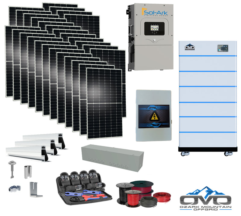 Load image into Gallery viewer, 15KW Complete Offgrid Solar Kit - 15K Sol-Ark Inverter + 30.72KW OMO Stack Lithium Battery +15.4KW Solar with Mounting Rails and Wiring
