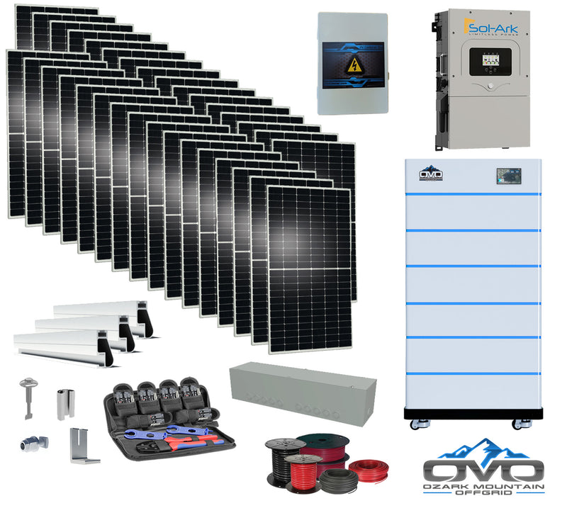 Load image into Gallery viewer, 17KW Complete Offgrid Solar Kit - 15K Sol-Ark Inverter + 30.72KW OMO Stack Lithium Battery +17.6KW Solar with Mounting Rails and Wiring
