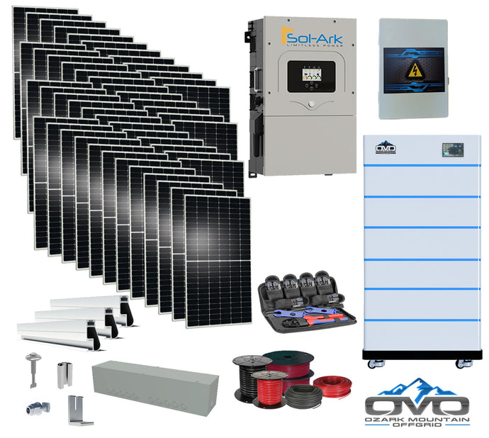 25KW Complete Offgrid Solar Kit - 15K Sol-Ark Inverter + 30.72KW OMO Stack Lithium Battery +26.4KW Solar with Mounting Rails and Wiring