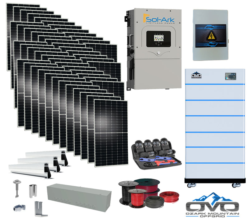 Load image into Gallery viewer, 25KW Complete Offgrid Solar Kit - 15K Sol-Ark Inverter + 30.72KW OMO Stack Lithium Battery +26.4KW Solar with Mounting Rails and Wiring
