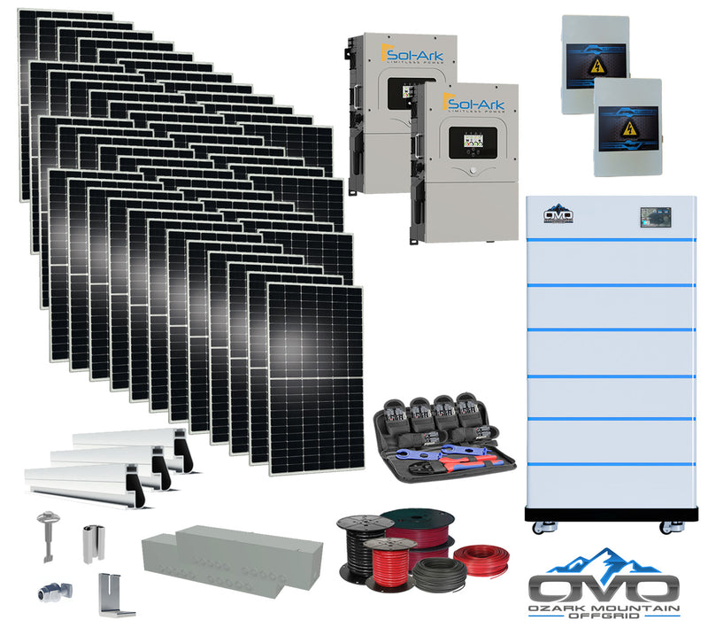 Load image into Gallery viewer, 25KW Complete Offgrid Solar Kit - 15K Sol-Ark Inverter + 30.72KW OMO Stack Lithium Battery +26.4KW Solar with Mounting Rails and Wiring
