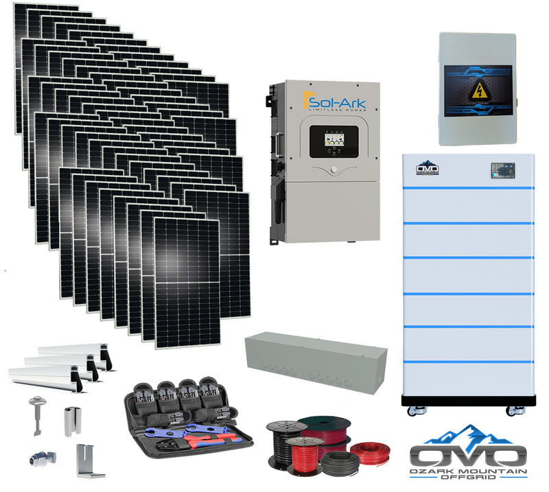 Load image into Gallery viewer, 30KW Complete Offgrid Solar Kit - 15K Sol-Ark Inverter + 30.72KW OMO Stack Lithium Battery +30.8KW Solar with Mounting Rails and Wiring
