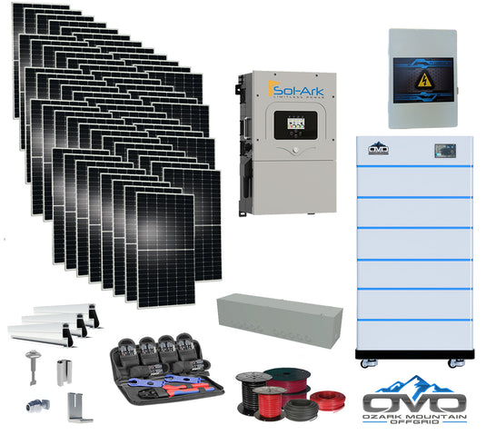 30KW Complete Offgrid Solar Kit - 15K Sol-Ark Inverter + 30.72KW OMO Stack Lithium Battery +30.8KW Solar with Mounting Rails and Wiring