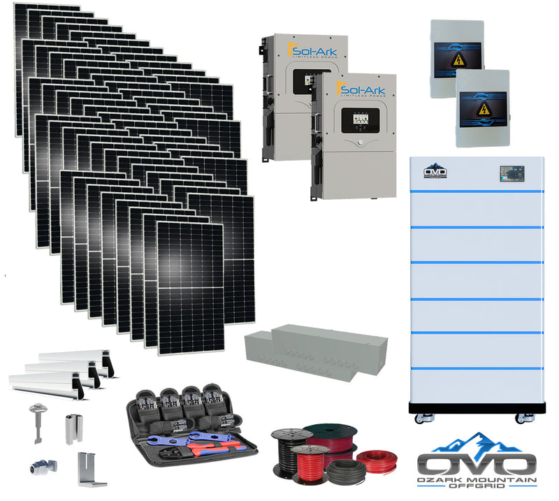 Load image into Gallery viewer, 30KW Complete Offgrid Solar Kit - 15K Sol-Ark Inverter + 30.72KW OMO Stack Lithium Battery +30.8KW Solar with Mounting Rails and Wiring
